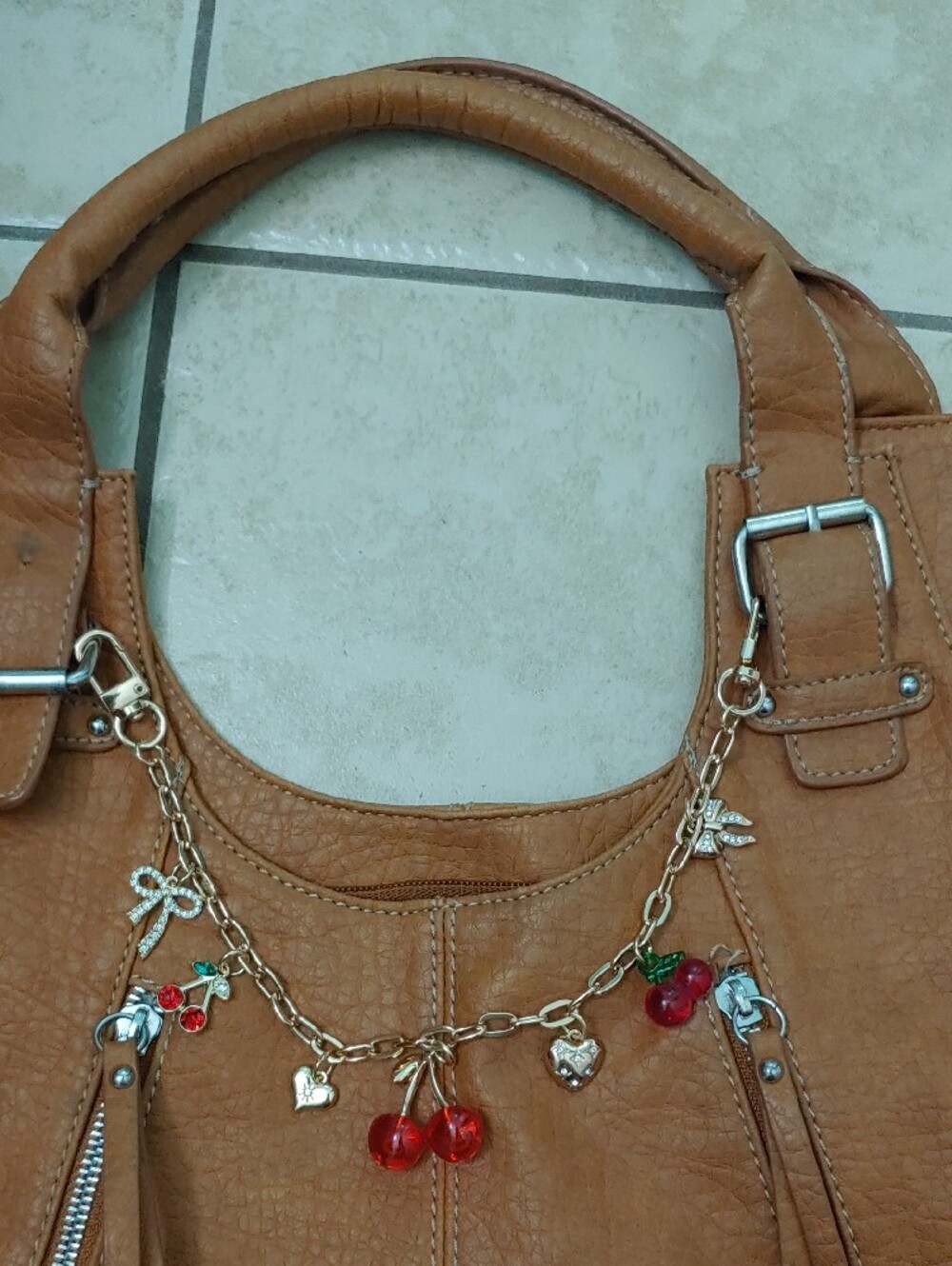 Cherry Bag Charm Chain Coquette Bow Gold Hearts